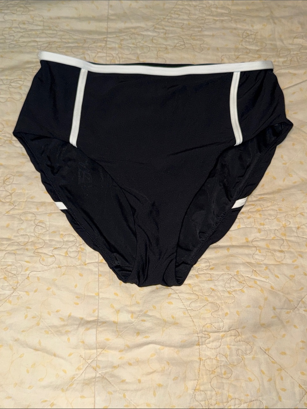 Calia High-Waist Black Bikini Bottom with White Trim